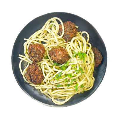 Boulettes végétariennes, spaghetti & pesto